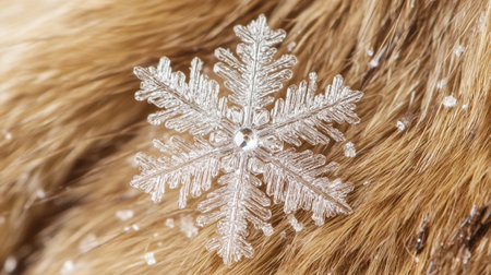 Snowflake on fur background macro close up. Christmas and New Year conceptの写真素材