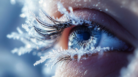 Close-up of a woman's blue eye with snowflakesの写真素材