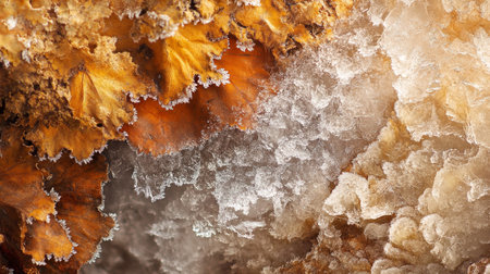 Frosty autumn leaves close-up. Natural background for designの写真素材