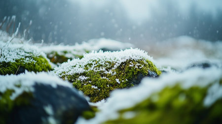 Moss covered rocks with snow in the forest during a snowfallの写真素材
