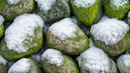 Green moss covered stones in the snow, close-up. Winter backgroundの写真素材
