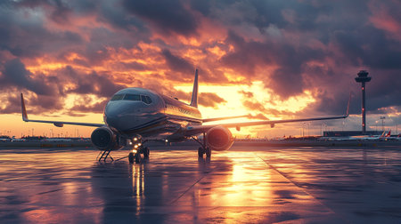 Airplane in the airport at sunset. Travel and transportation concept.の素材