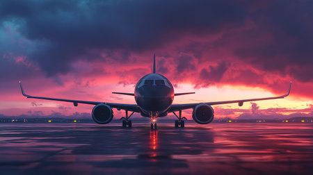 Airplane on the runway in the sunset. 3d rendering.の写真素材