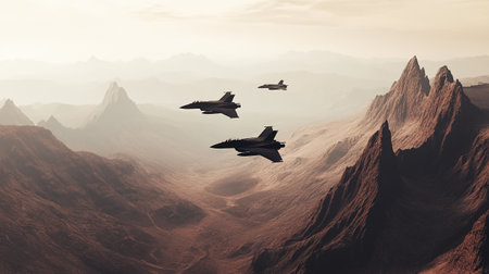 Fantasy alien planet. Mountain and fighter jet. 3D illustrationの写真素材