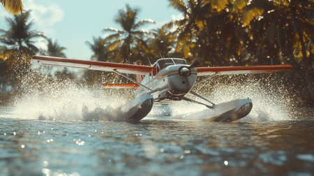 Small airplane in the sea with palm trees on the background. Travel conceptの写真素材