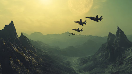 Fantasy alien planet. Mountain and sky. 3D illustration.の写真素材