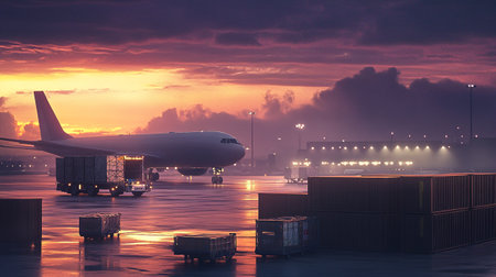 Airplane in the port with cargo containers at sunset. 3d renderingの写真素材