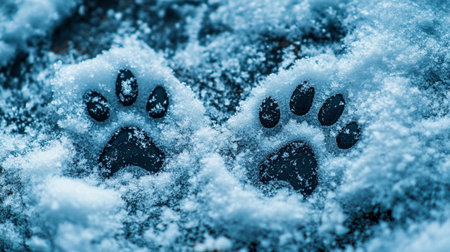 Dog paw in the snow. Close-up. Blue tone.の写真素材