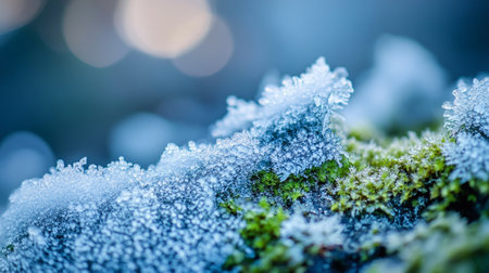 Frozen moss with bokeh background. Macro shot with shallow depth of field.の写真素材