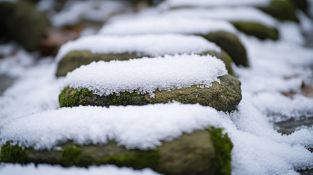 Snow covered stones in Japanese garden in winter. Selective focus.の写真素材