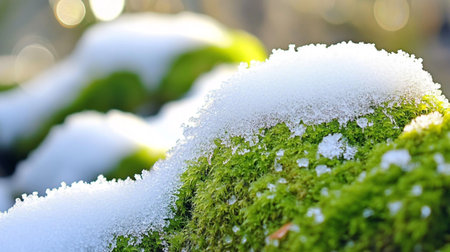 Green moss covered with snow in the winter forest, close-upの写真素材