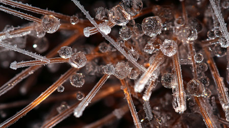 Macro of frozen grass with hoarfrost crystals. Close upの写真素材