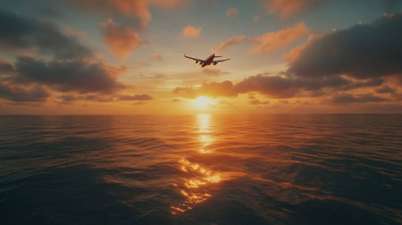 Airliner flying above the sea at sunset. 3d renderの写真素材