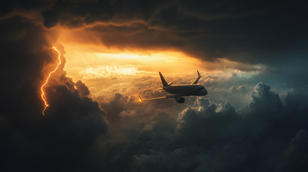 Airplane in the clouds at sunset. 3d render illustration.の写真素材