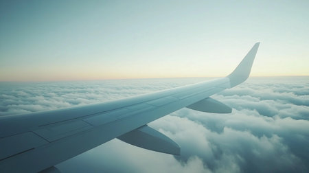 Wing of an airplane flying above the clouds. 3d render.の写真素材