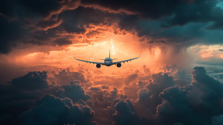 Airplane flying above the clouds at sunset. 3d illustration.の写真素材