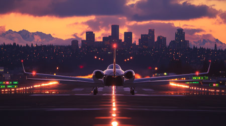 Airplane on the runway at sunset with city in the background.の写真素材