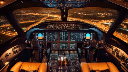 Cockpit of airplane at night with view of the city.の写真素材