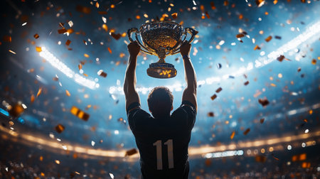 Rear view of a male soccer player celebrating with the trophy.の写真素材