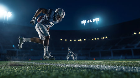 American football player in action at stadium. Mixed media. Mixed mediaの写真素材