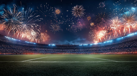 Night football stadium with fireworks in the sky. 3D rendering.の写真素材