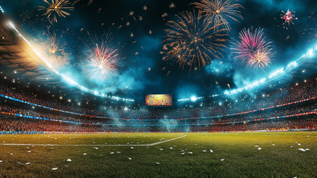 Stadium lights and fireworks at night. 3d render illustration.の写真素材