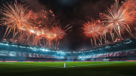 Colorful fireworks over the football stadium at night with soccer field.の写真素材