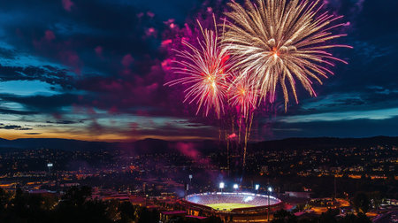 Fireworks over the city of Bergamo, Lombardy, Italyの写真素材