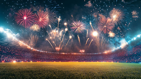 Colorful fireworks on the football stadium at night and flashes of lightの写真素材