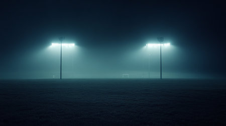 Soccer field at night with lights and fog. 3D renderingの写真素材