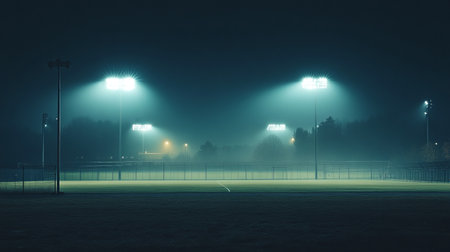 Football stadium at night with floodlights and fog in the background.の写真素材