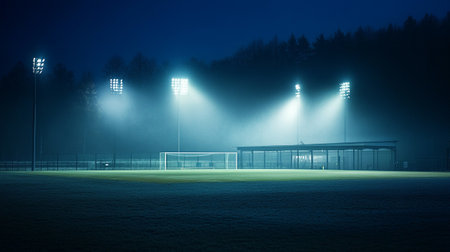 lights at night and empty football field in fog. 3d renderingの写真素材