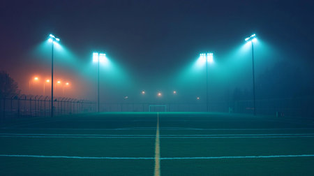 Football field in the fog at night. Soccer field with lights.の写真素材