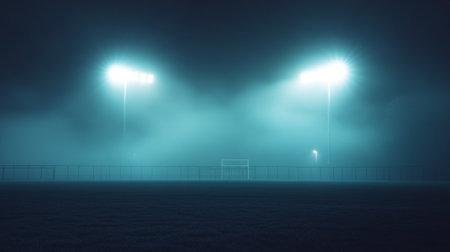 Foggy soccer field with lights at night. 3D renderingの写真素材