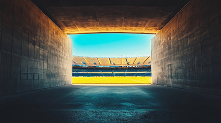 Empty football stadium with blue sky background.の写真素材