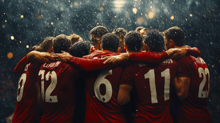Group of soccer players in red jersey standing together and looking at camera.の写真素材