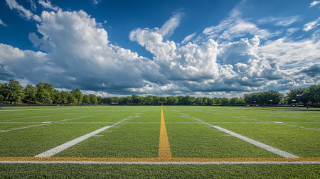 American football field with green grass under blue sky and white clouds.の写真素材