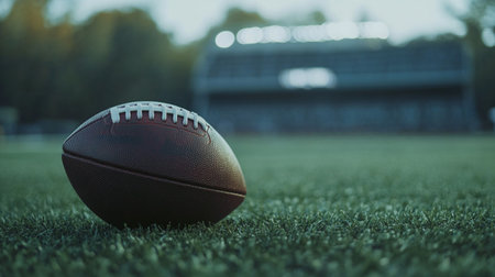American football ball on green turf with stadium in the background. Close-up.の写真素材