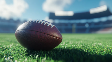 American football ball on green field. 3d rendering toned imageの写真素材