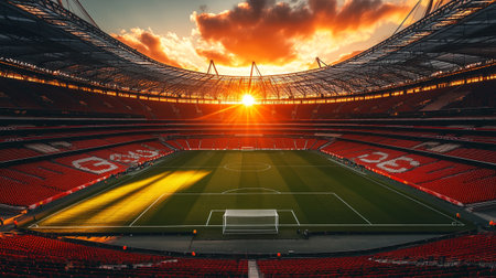3D render of a large football stadium with bright lights at sunsetの写真素材