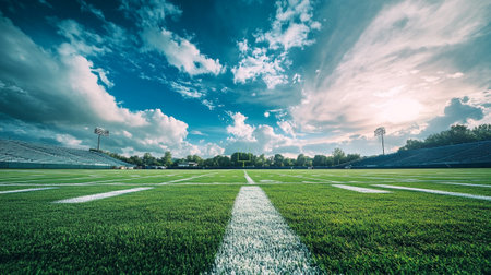 soccer field with green grass and blue skyの写真素材
