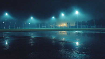 Night football field with flood lights and reflection in puddle of waterの写真素材