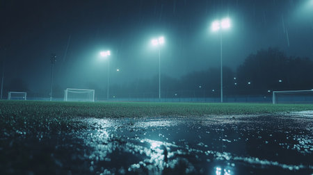 Night soccer field with floodlights and fog, 3D rendering.の写真素材