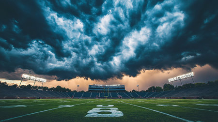 American football stadium at sunset with cloudy sky and green grass field.の写真素材