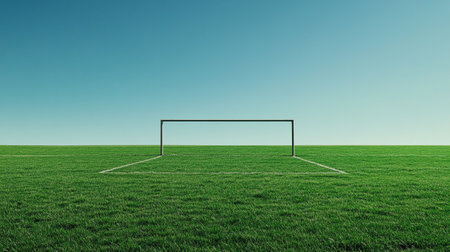 soccer goal on green field and blue sky. 3d renderの写真素材