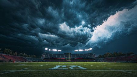 3D render of a large football stadium with dramatic sky during a thunderstormの写真素材