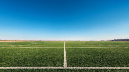 Green football field with white line and blue sky background. Soccer fieldの写真素材