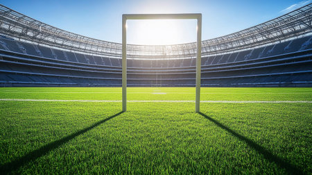 3d render of empty football stadium with green grass and bright sunの写真素材