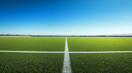 soccer field and blue sky with white lines, soccer field backgroundの写真素材