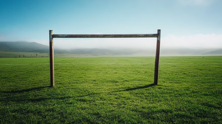 Old football goal on green grass field with blue sky and white cloudsの写真素材